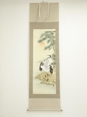 湯浅和登筆　松竹梅鶴亀　肉筆絹本掛軸（共箱）